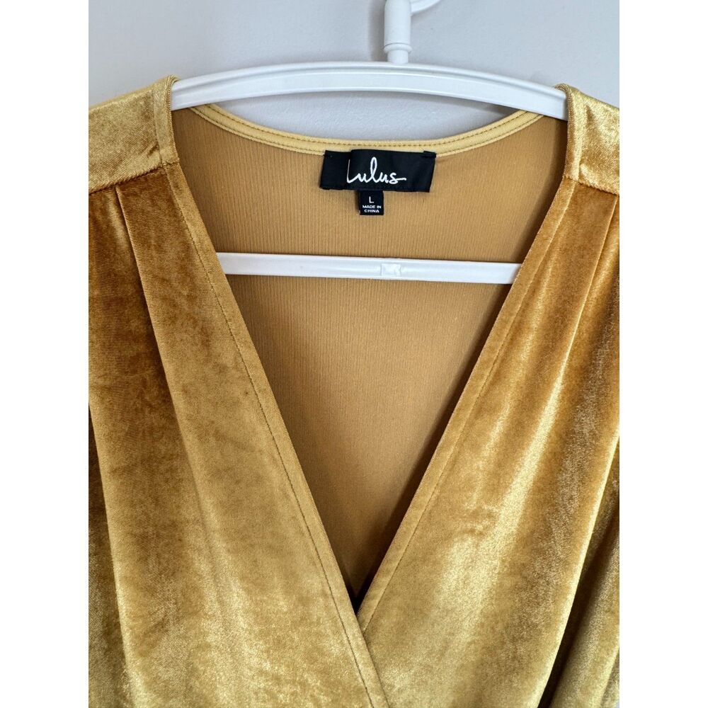 Lulus Gold Velvet Wrap Dress Large Boho Glam Asymmetrical Midi - Picture 6 of 6
